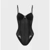 Kollyy Y2K Black Patchwork Mesh Spaghetti Strap Top Bodysuit