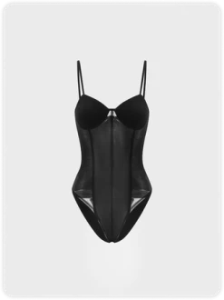 Kollyy Y2K Black Patchwork Mesh Spaghetti Strap Top Bodysuit