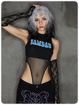 Kollyy Edgy Black Metal Patchwork Letter Cyberpunk Top Bodysuit 3 Kollyy Edgy Black Metal Patchwork Letter Cyberpunk Top Bodysuit - Image 3