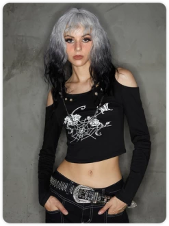 Kollyy Punk Black Graphic Metal Chain Cold Shoulder Halloween Top T-Shirt