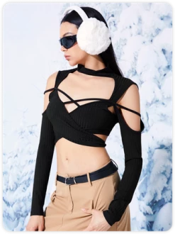 Kollyy Edgy Black Cut Out Top Women Top