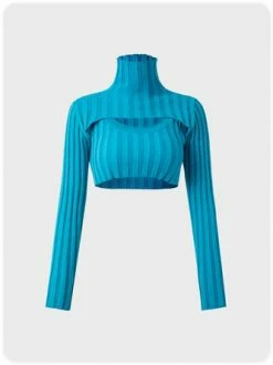 Kollyy Y2K Blue High Neck Long Sleeves Top Sweater