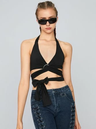 Kollyy Street Black Tie-Up Crossed Front Top Tank Top & Cami 3 Kollyy Street Black Tie-Up Crossed Front Top Tank Top & Cami - Image 3