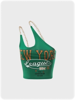 Kollyy Street Green Asymmetrical Design Metal Letter Top Tank Top & Cami