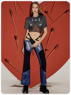 Kollyy Street Gray Graphic Patchwork Lace Up Top T-Shirt -Tops Sales f5f60ae1960aae273f874eeb623a4095