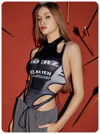 Kollyy Edgy Gray Letter Lace Up Zip Cyberpunk Top Bodysuit 2 Kollyy Edgy Gray Letter Lace Up Zip Cyberpunk Top Bodysuit - Image 2