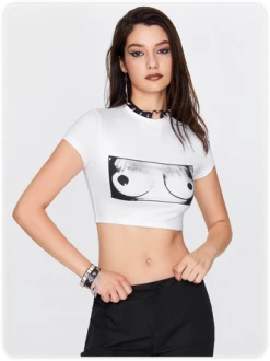 Kollyy Edgy White Body Print Slim Top T-Shirt
