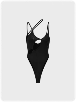 Kollyy Black Asymmetrical Design Cut Out Spaghetti Strap Top Bodysuit