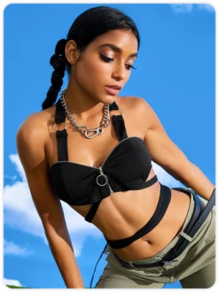 Kollyy Punk Black Zip Lace Up Backless Top Tank Top & Cami