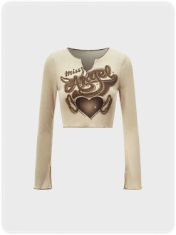 Kollyy Y2K Khaki Heart Pattern Notched Top T-Shirt