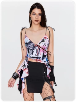 Kollyy Punk White Lace Up Graffiti Asymmetrical Design Halloween Top