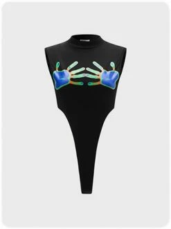 Kollyy Punk Black Hand Painted High Neck Top Bodysuit