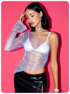 Kollyy Y2k Purple Mesh Asymmetrical Design Party Top Women Top