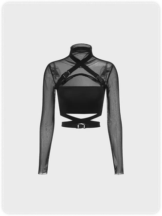 Kollyy Punk Black Mesh Tie Up Buckle Top Women Top 2 Kollyy Punk Black Mesh Tie Up Buckle Top Women Top - Image 2