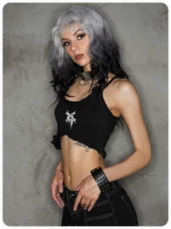 Kollyy Punk Black Ruffles Star Halloween Top Tank Top & Cami